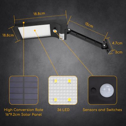 Aigostar - LED solcellsgatlykta med sensor LED/2,3W/5,5V 1800 mAh IP65