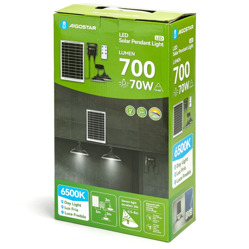 Aigostar - LED-solcellsdriven ljuskrona med sensor, 2×LED, 35 W, 12 V, 6000 mAh, 6500 K, Ø 15 cm + fjärrkontroll