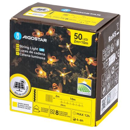 Aigostar - LED-solcellsdriven dekorationsslinga 50xLED/8 lägen 10 m 800 mAh IP65 varmvit