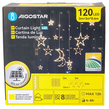 Aigostar - solcellsdriven LED-slinga 120 LED/8 funktioner 3x0,6 m 500 mAh IP65 varmvit