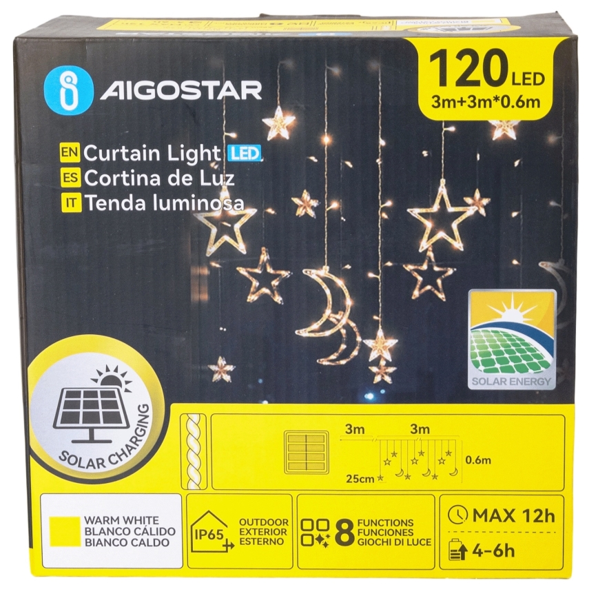 Aigostar - solcellsdriven LED-slinga 120 LED/8 funktioner 3x0,6 m 500 mAh IP65 varmvit