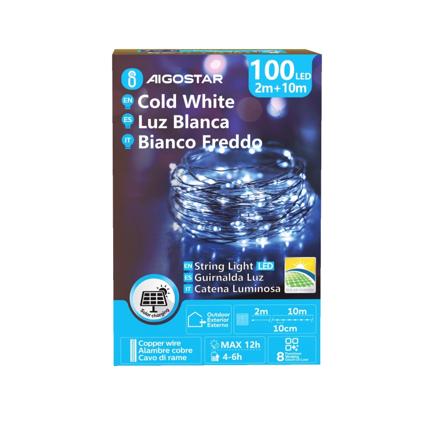 Aigostar - LED solcells-julslinga 100x LED/8 funktioner 12 m IP65 800 mAh kallvit