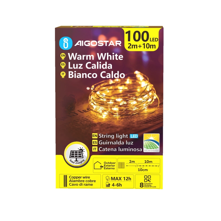 Aigostar - LED-solcellsdriven ljusslinga för jul 100xLED/8 funktioner 12 m 800 mAh IP65 varmvit