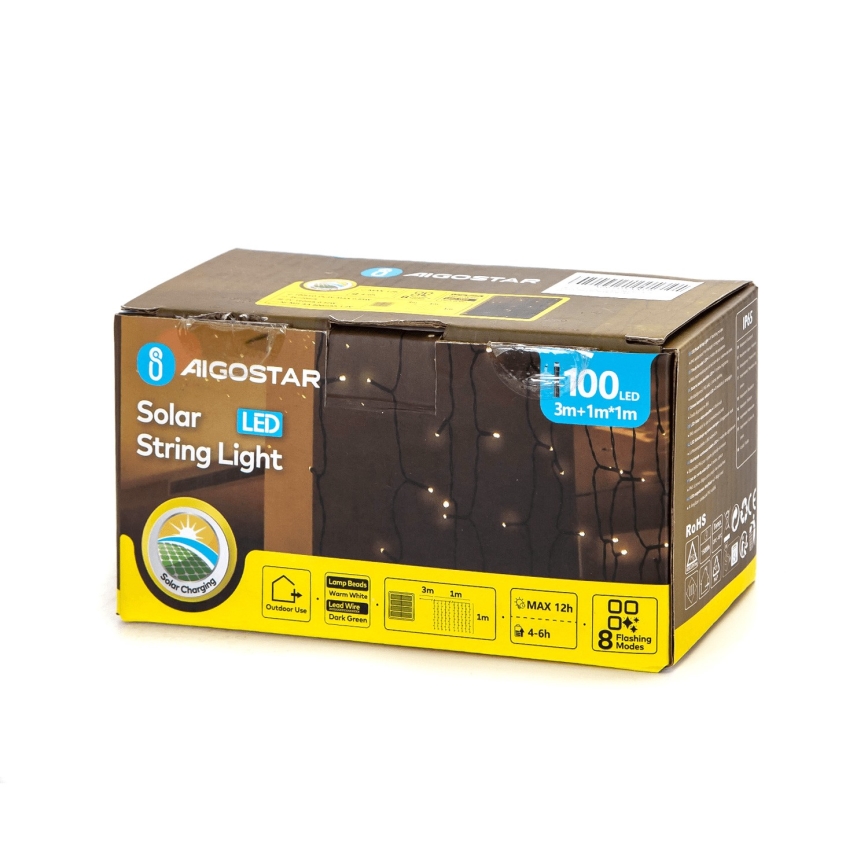 Aigostar - LED solcellsdriven julslinga 100xLED/8 funktioner 4x1m IP65 varmvit 800 mAh