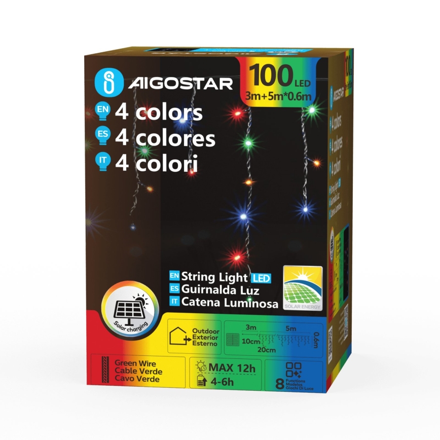 Aigostar - LED solcellsdriven julslinga 100xLED/8 funktioner 8x0,6m 800 mAh IP65 flerfärgad