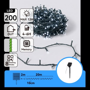 Aigostar - LED solcellsdriven julslinga 200 LED/8 funktioner, 22 m, IP65, kallvit, 800 mAh