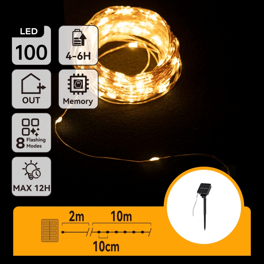 Aigostar - LED-solcellsslinga 100x LED/8 funktioner 12 m 800 mAh IP65 varmvit