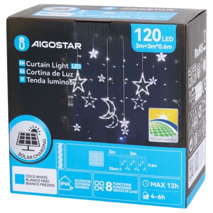 Aigostar - LED-solcellsdriven julbelysning 120xLED/8 funktioner 3x0,6m 500 mAh IP65 kallvit