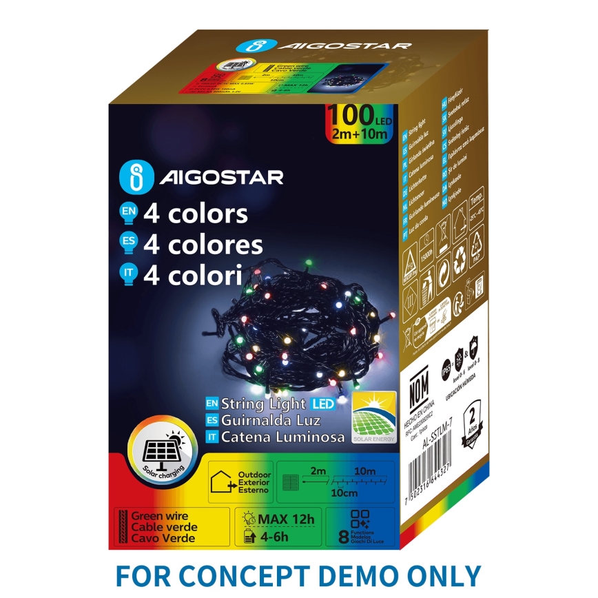 Aigostar - LED solcellsdriven ljusslinga för jul 200 LED/8 ljuslägen, 22 m, IP65, flerfärgad, 800 mAh