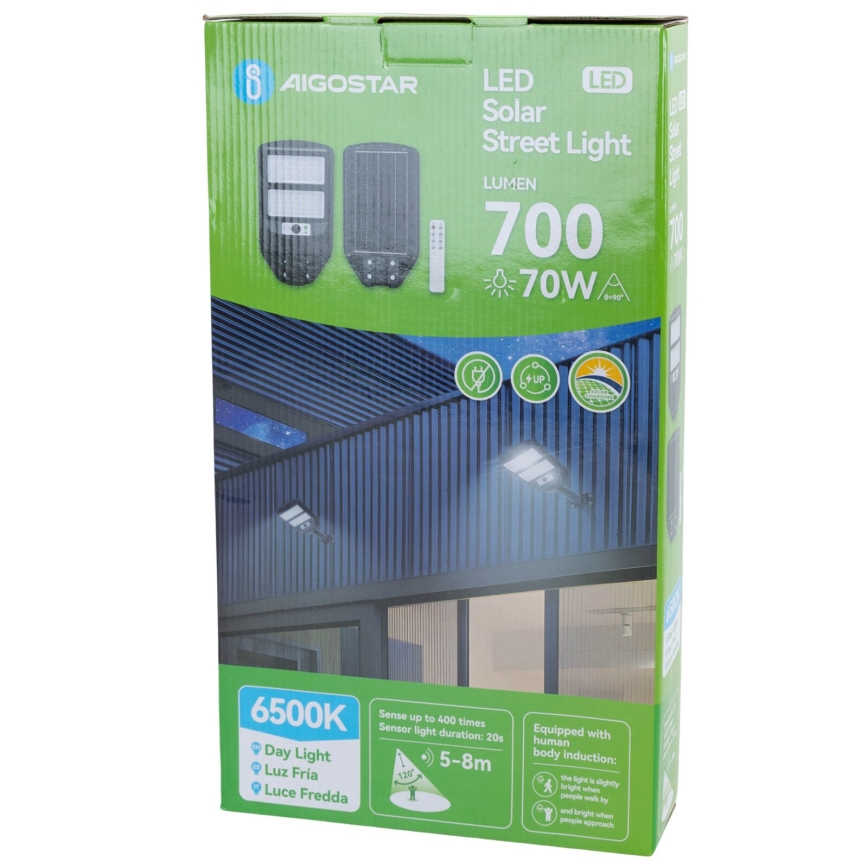 Aigostar - LED Solcellsgatulampa med sensor LED/70W/3,2V 4000mAh IP65 6500K + fjärrkontroll