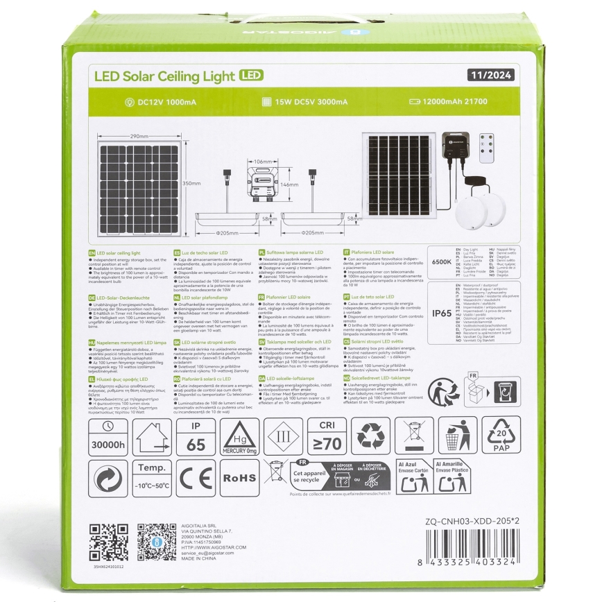 Aigostar - LED-solarlampa 2xLED/70W/12V 12 000 mAh 6500K IP65 Ø 20,5 cm + fjärrkontroll