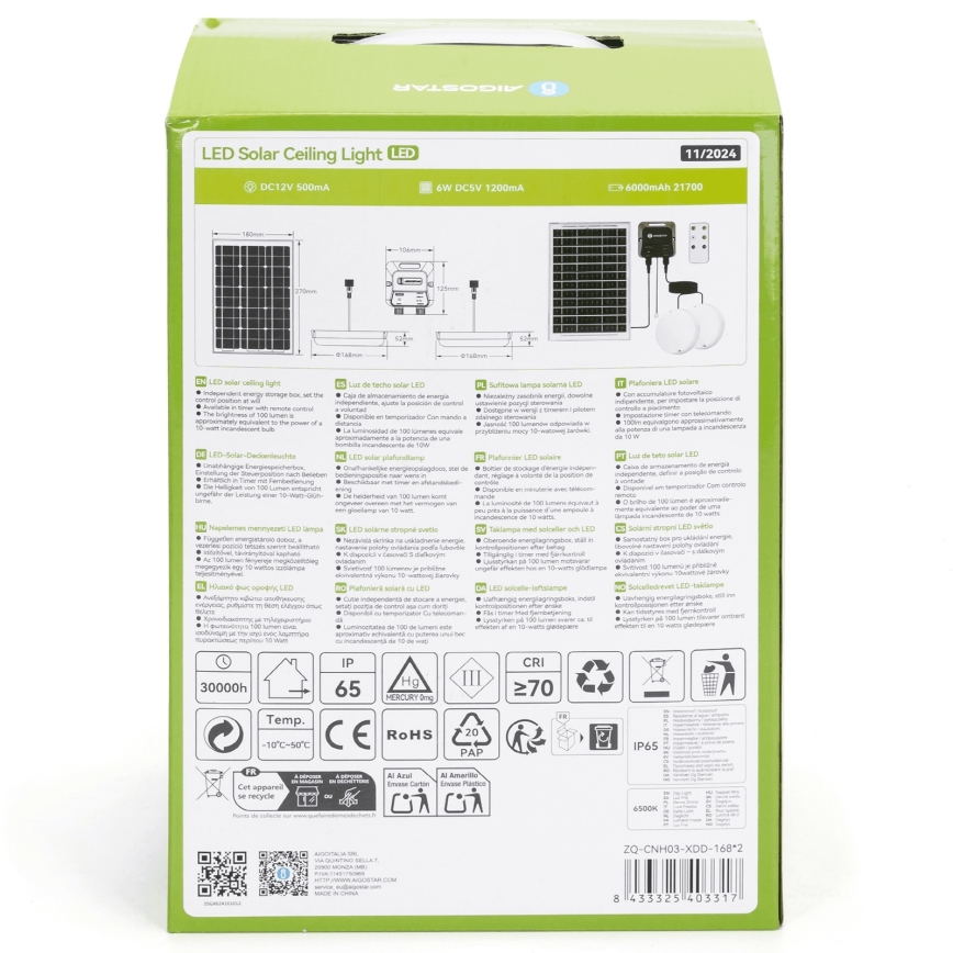 Aigostar - LED Solarlampa 2xLED/35W/12V 6000 mAh 6500K Ø 16,8 cm + fjärrkontroll