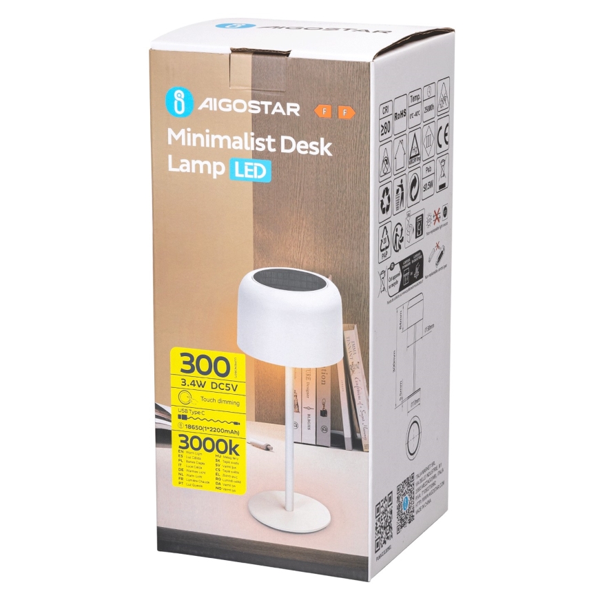 Aigostar - LED Solcellslampa med dimmer, uppladdningsbar bordslampa LED/3W/5V 2200mAh vit IP54