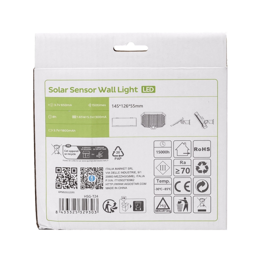 Aigostar - LED solcellslampa med rörelsesensor LED/2,4W/3,7V 1800 mAh IP65