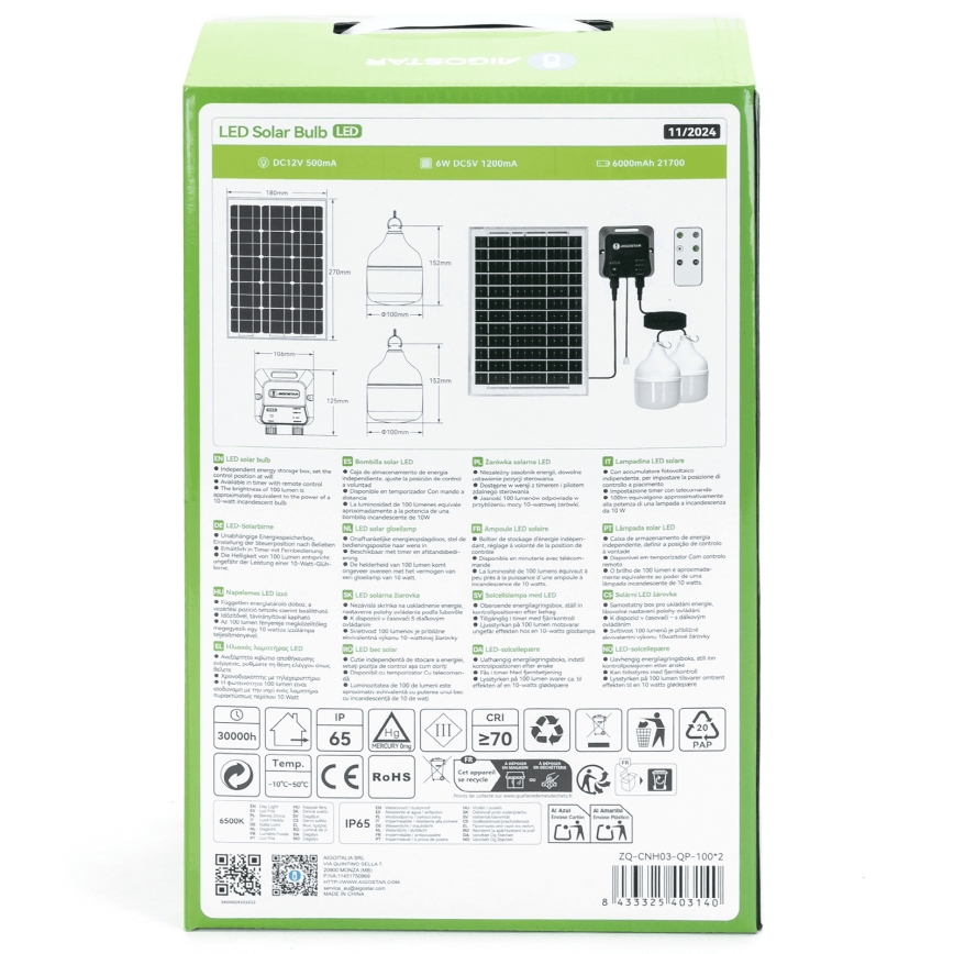 Aigostar - LED solcellsljuskrona 2xLED/35W/12V 6000 mAh 6500K diameter 10 cm + fjärrkontroll