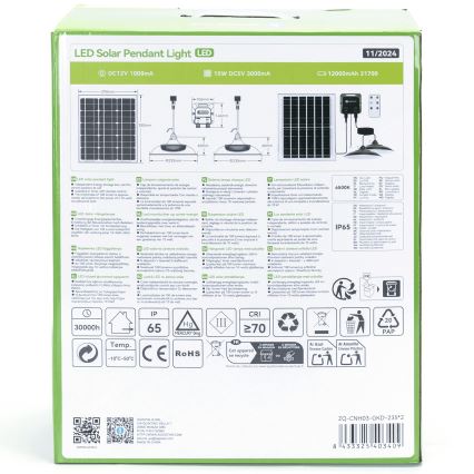 Aigostar - LED solcellsljuskrona 2xLED/70W/12V 12000 mAh 6500K diameter 23,5 cm + fjärrkontroll
