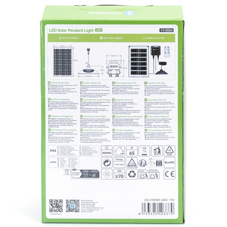 Aigostar - LED solcellsljuskrona LED/35W/12V 3000 mAh 6500K diameter 15 cm + fjärrkontroll