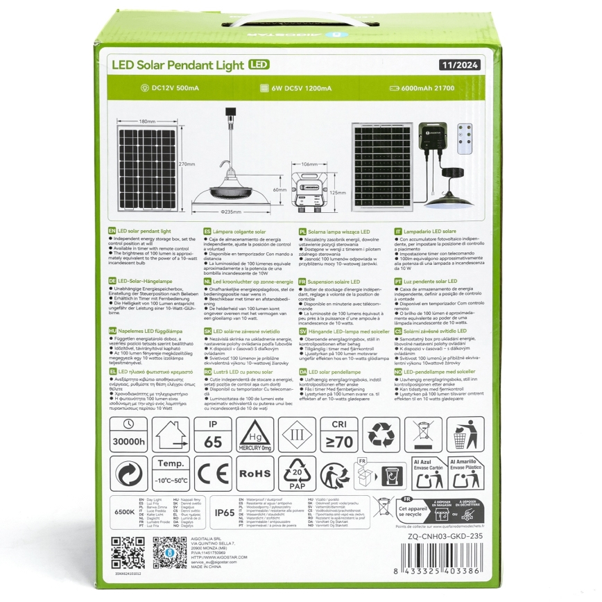 Aigostar - LED solcellslampa LED/70W/12V 6000 mAh 6500K IP65 Ø 23,5 cm + fjärrkontroll