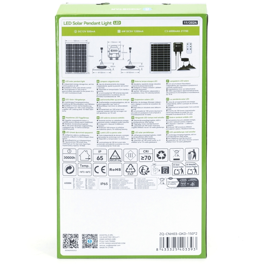 Aigostar - LED solcellsljuskrona med sensor 2xLED/35W/12V 6000 mAh 6500K diameter 15 cm + fjärrkontroll
