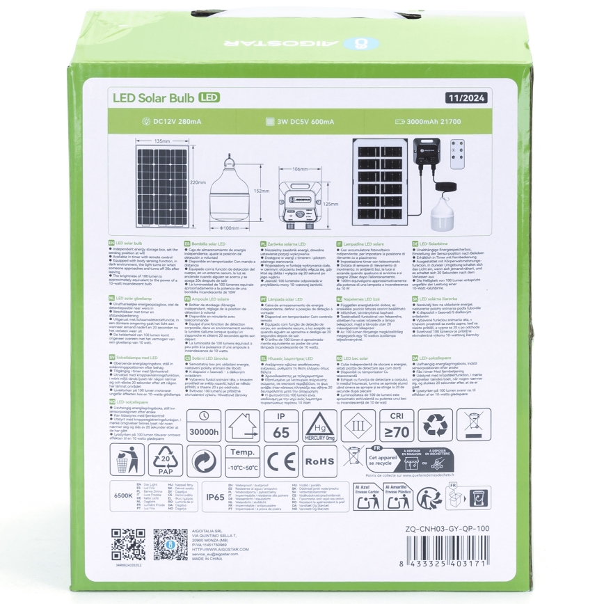 Aigostar - LED solcellsljuskrona med sensor LED/35W/12V 3000 mAh 6500K diameter 10 cm + fjärrkontroll
