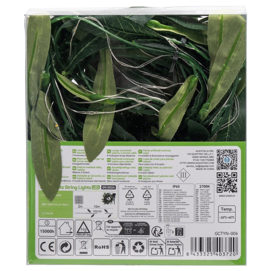 Aigostar - LED solcellsljusslinga 100xLED/12m IP65 300 mAh varmvit oliv