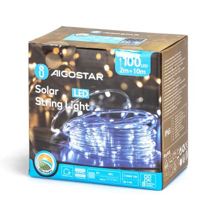 Aigostar - LED solcellsljusslinga 100xLED/8 funktioner 12m IP65 kallvit 800 mAh