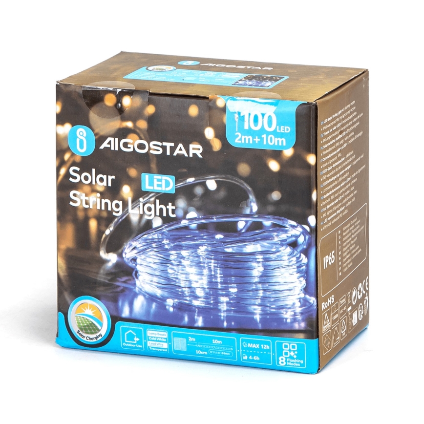 Aigostar - LED solcellsljusslinga 100xLED/8 funktioner 12m IP65 kallvit 800 mAh