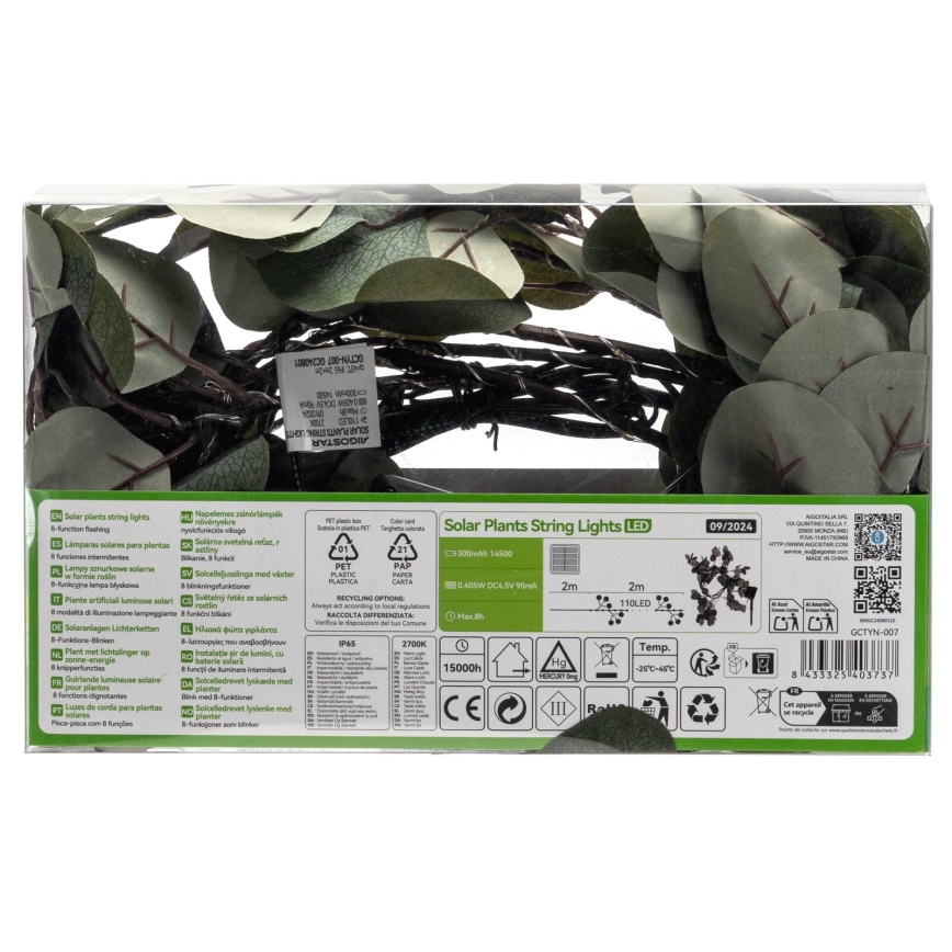 Aigostar - LED Solcellsljusslinga 110xLED/4m IP65 300 mAh varmvit eukalyptus