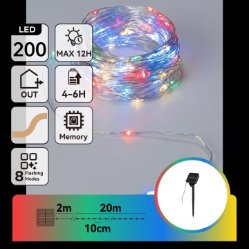 Aigostar - LED solcellsljusslinga, 200 LED, 8 lägen, 22 m, IP65, flerfärgad, 800 mAh