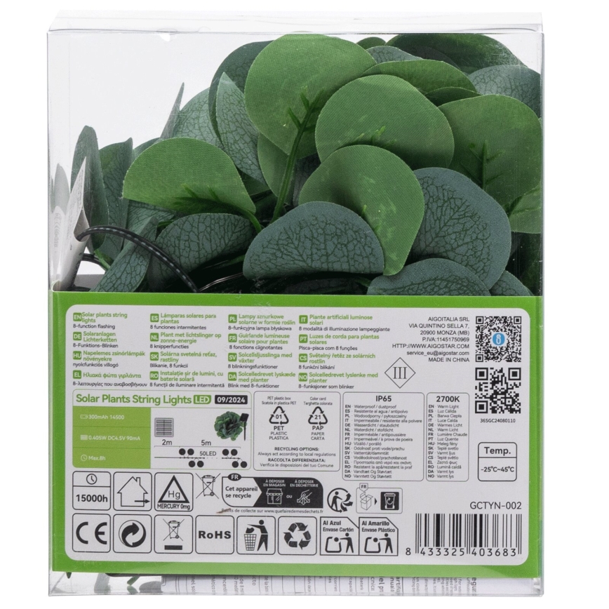 Aigostar - LED solcellsljusslinga 50xLED/7m IP65 300 mAh varmvit eukalyptus