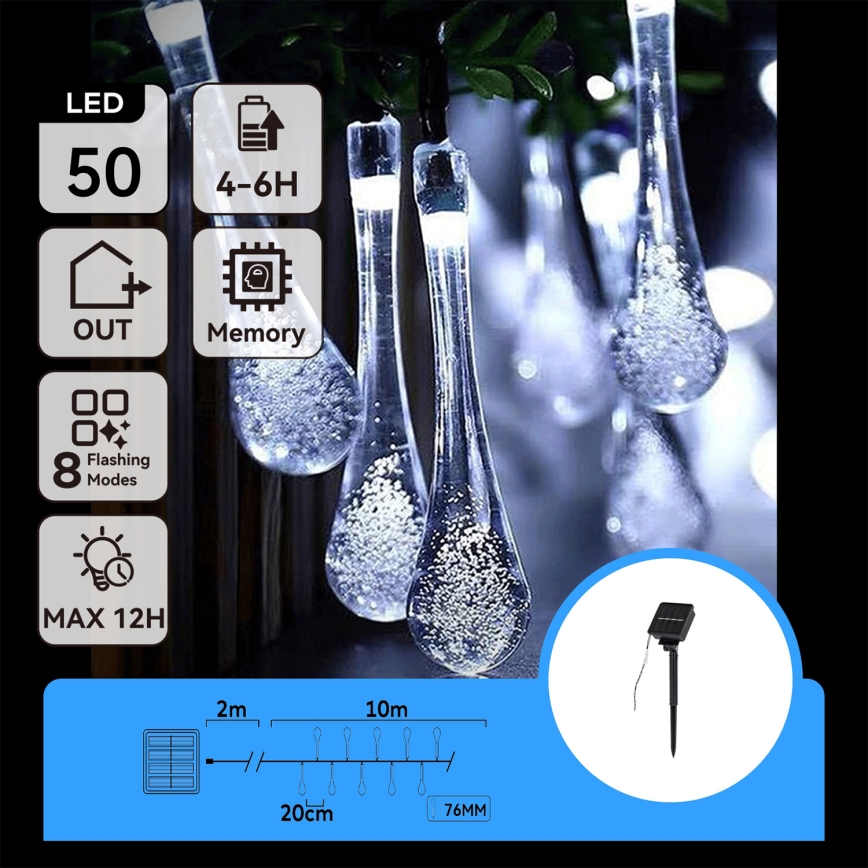 Aigostar - LED solcellsljusslinga 50xLED/8 funktioner 12m IP65 kallvit 800 mAh