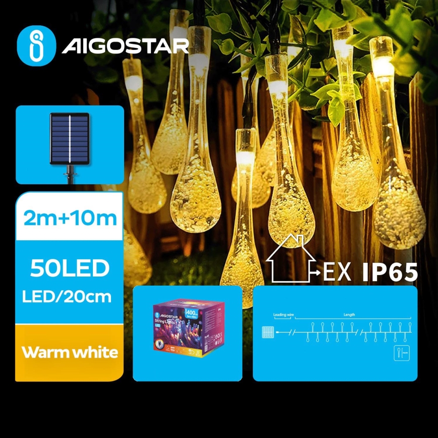 Aigostar - LED solcellsljusslinga 50xLED/8 funktioner 12m IP65 varmvit 800 mAh