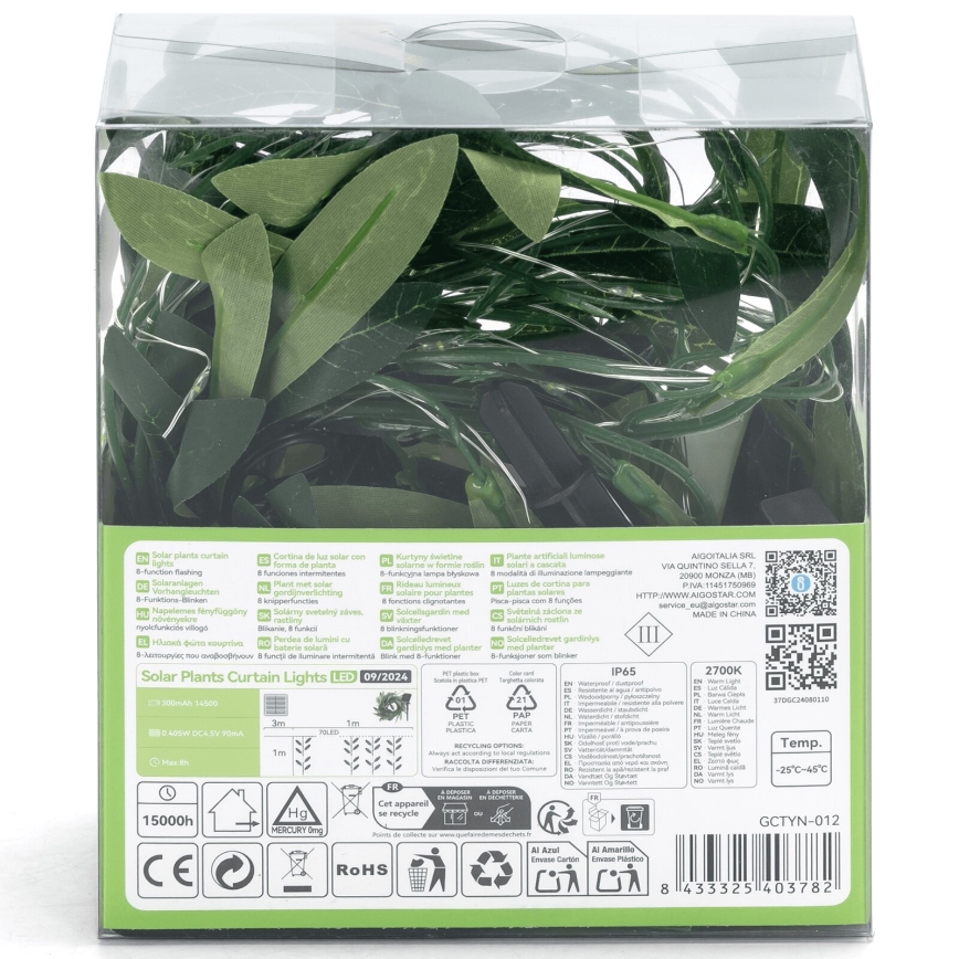 Aigostar - LED solcellsljusslinga 70xLED/4x1m IP65 300 mAh varmvit oliv