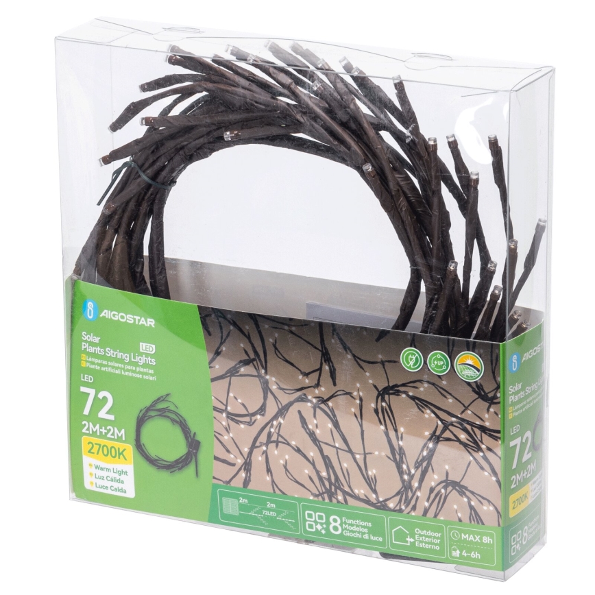 Aigostar - LED solcellsljusslinga 72xLED/4m IP65 300 mAh varmvit för trädgrenar