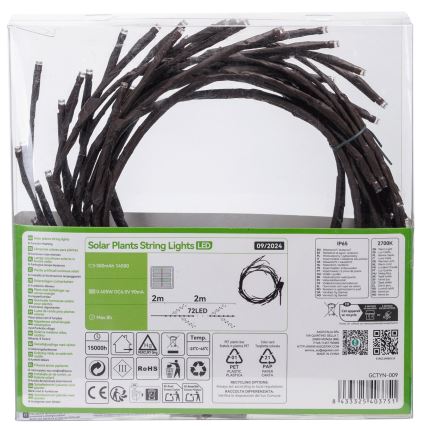 Aigostar - LED solcellsljusslinga 72xLED/4m IP65 300 mAh varmvit för trädgrenar