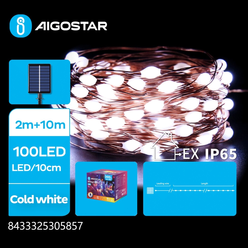 Aigostar - LED solcellsljusslinga för jul 100xLED/8 funktioner 12m IP65 800 mAh kallvit