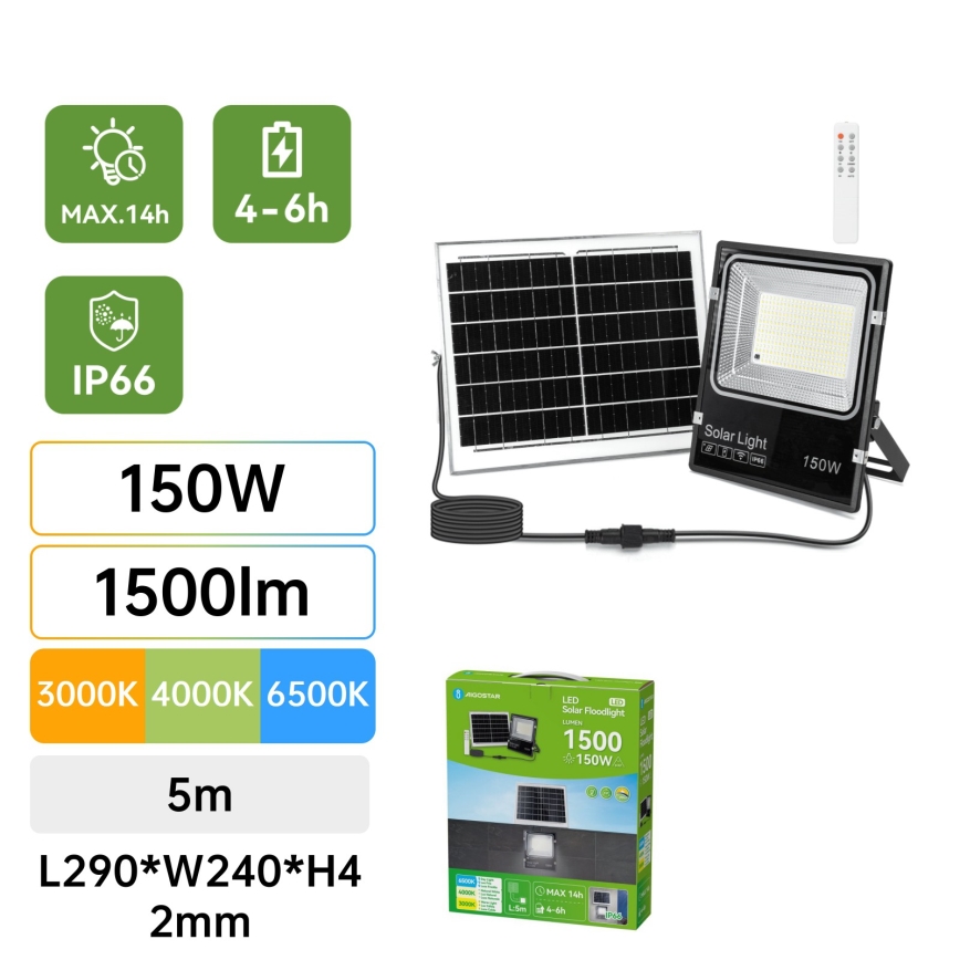 Aigostar - LED solcellsstrålkastare LED/150W/3,2V 3000mAh 3000K/4000K/6500K IP66 + fjärrkontroll