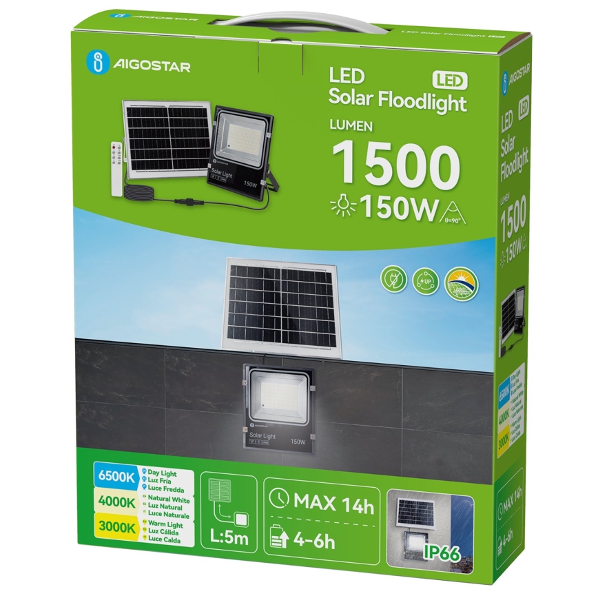Aigostar - LED solcellsstrålkastare LED/150W/3,2V 3000mAh 3000K/4000K/6500K IP66 + fjärrkontroll