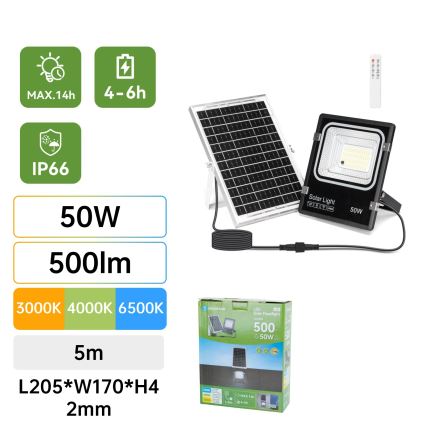 Aigostar - LED solcellsstrålkastare LED/50W/3,2V 1200mAh 3000K/4000K/6500K IP66 + fjärrkontroll