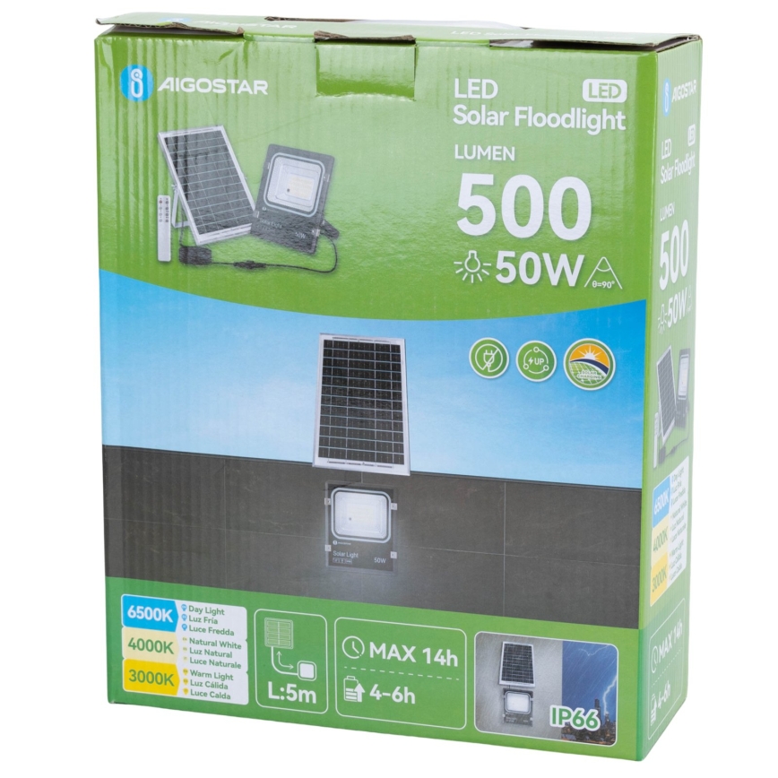 Aigostar - LED solcellsstrålkastare LED/50W/3,2V 1200mAh 3000K/4000K/6500K IP66 + fjärrkontroll
