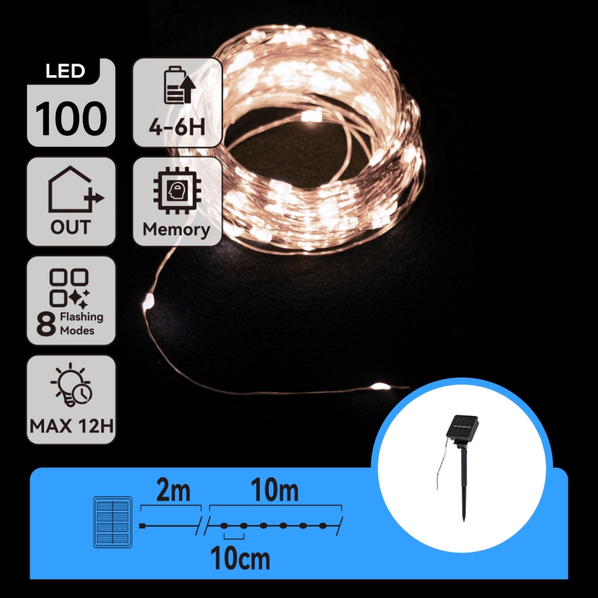 Aigostar - LED-solcellsslinga, 100 LED, 8 funktioner, 12 m, IP65, 800 mAh, kallvit