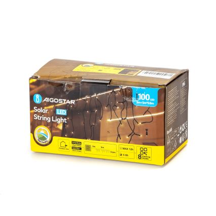 Aigostar - LED-solcellsslinga 100 LED / 8 funktioner, 8 x 0,6 m, 800 mAh, IP65, varmvit