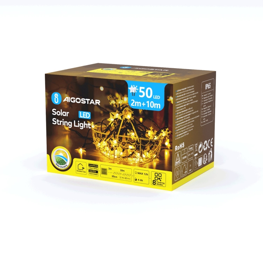 Aigostar - LED solcellsslinga 50 LED/8 funktioner 12 m 800 mAh IP65 varmvit