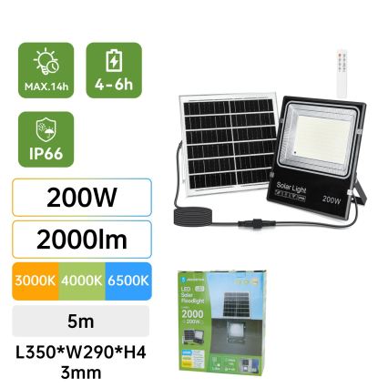 Aigostar - LED Solcellsreflektor LED/200W/3,2V 3600mAh 3000K/4000K/6500K IP66 + fjärrkontroll