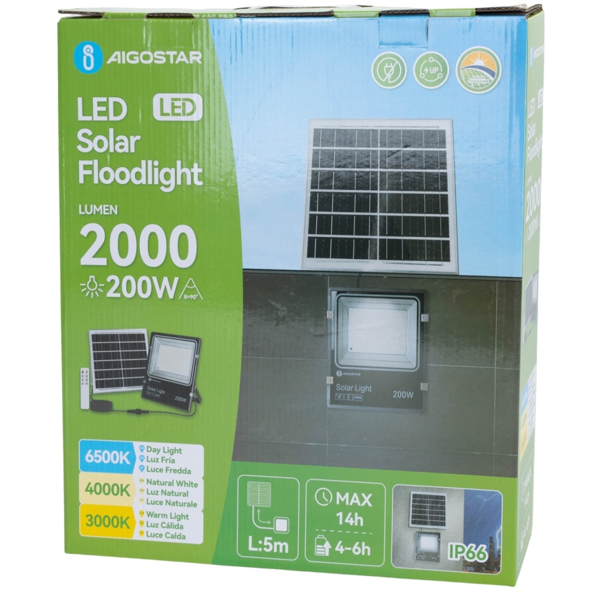 Aigostar - LED Solcellsreflektor LED/200W/3,2V 3600mAh 3000K/4000K/6500K IP66 + fjärrkontroll