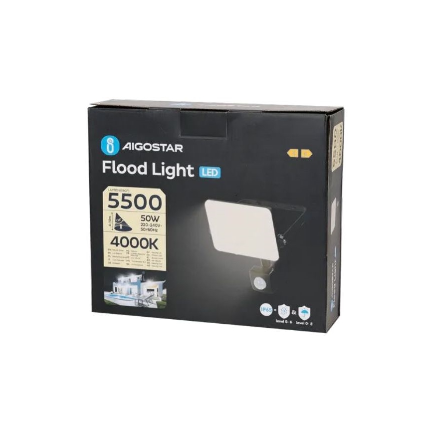 Aigostar - LED strålkastare med sensor LED/50W/230V 4000K IP65 svart
