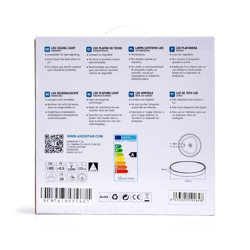 Aigostar - LED taklampa LED/12W/230V 3000K  d. 23 cm vit