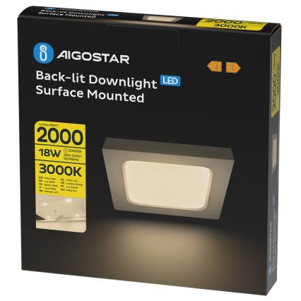 Aigostar - LED takplafond, ytmonterad, 18W, 230V, 3000K (varmvit), 22,6x22,6 cm, vit