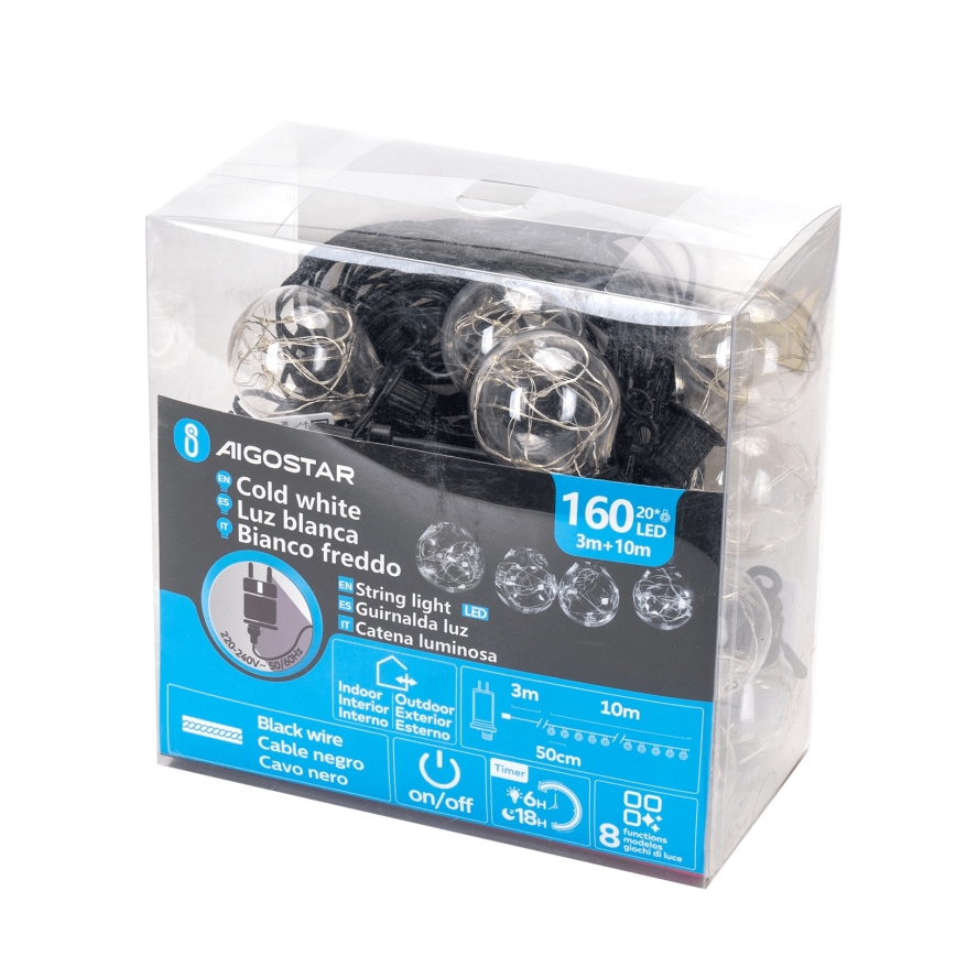 Aigostar - Dekorativ LED-ljusslinga för utomhusbruk, 160 LED, 10 m, IP44, kallvit