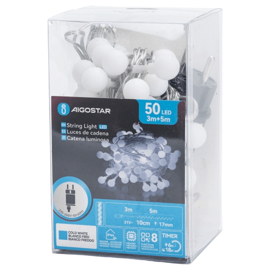 Aigostar - LED utomhusslinga för dekoration 50xLED/8 funktioner 5 m IP44 kallvit